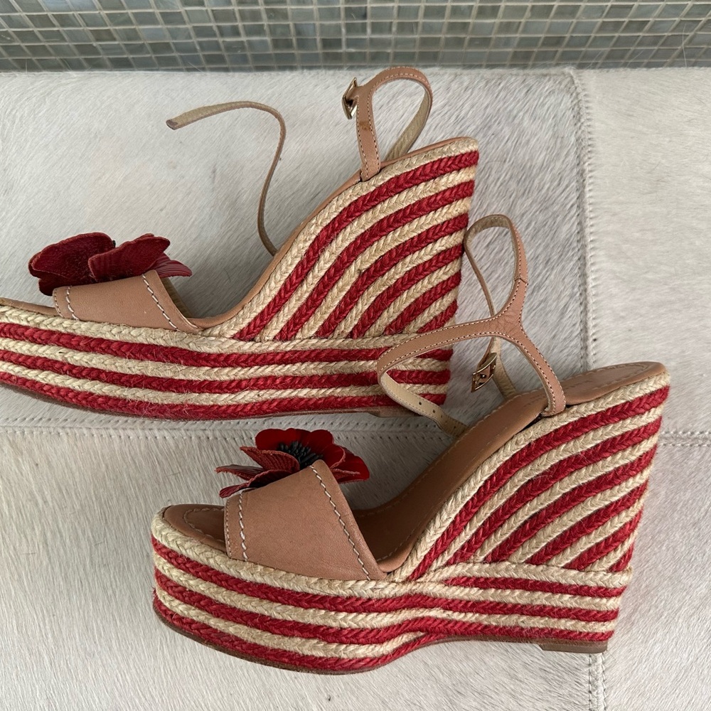 Red and Beige Wedge Sandals - Picture 1 of 6